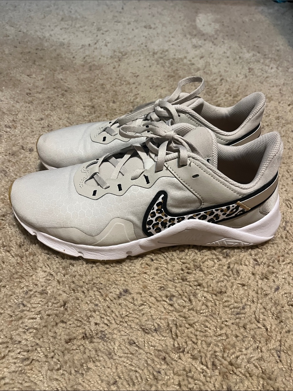 Nike Light Beige and White Leopard Swoosh Running Shoes